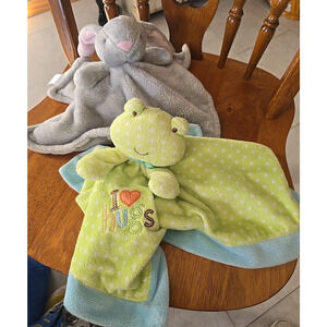Lot of 2 Carter's Frog Bunny Plush Stuffed Lovey Baby Security Blanket One Size